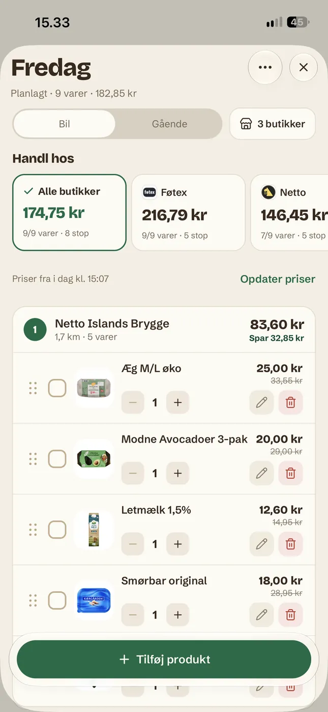 App-skærm · indkøbsliste